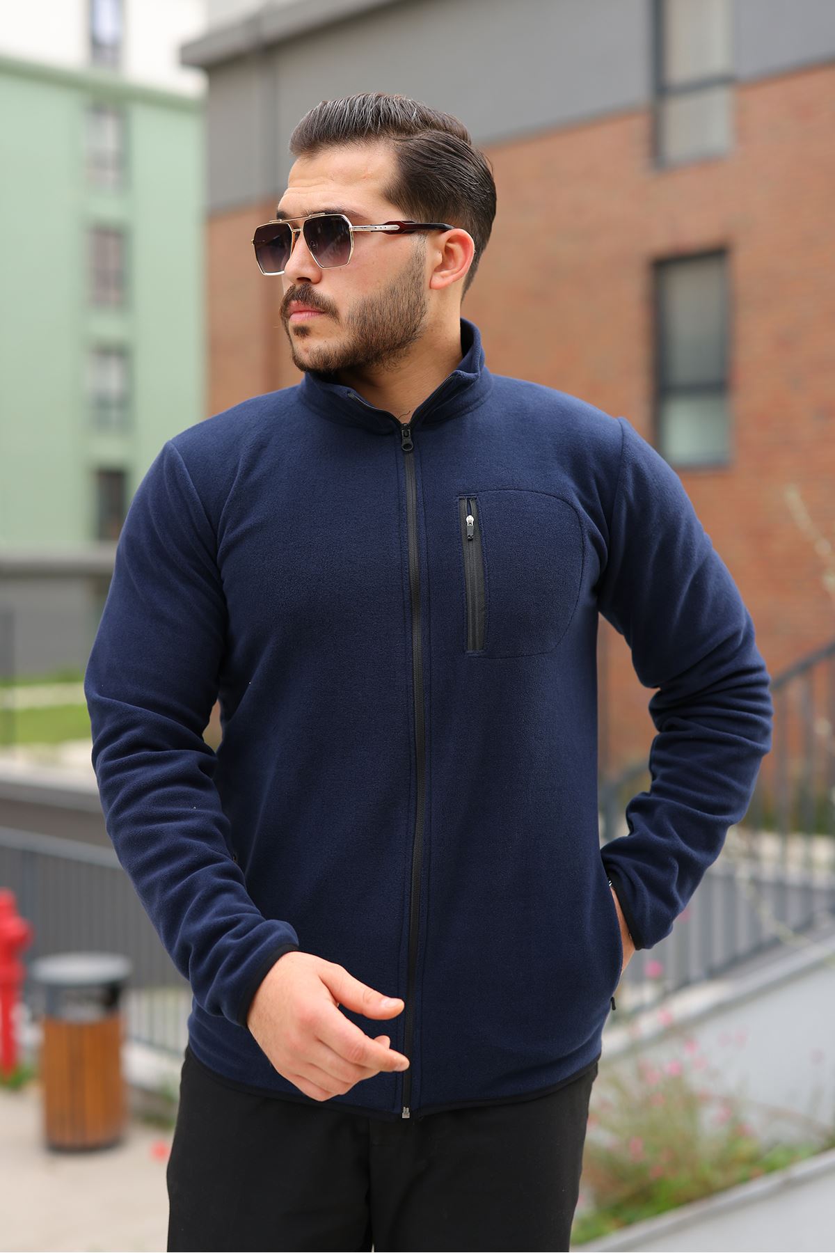 Erkek Kışlık Trend Fermuarlı Cepli Lacivert Polar Hırka