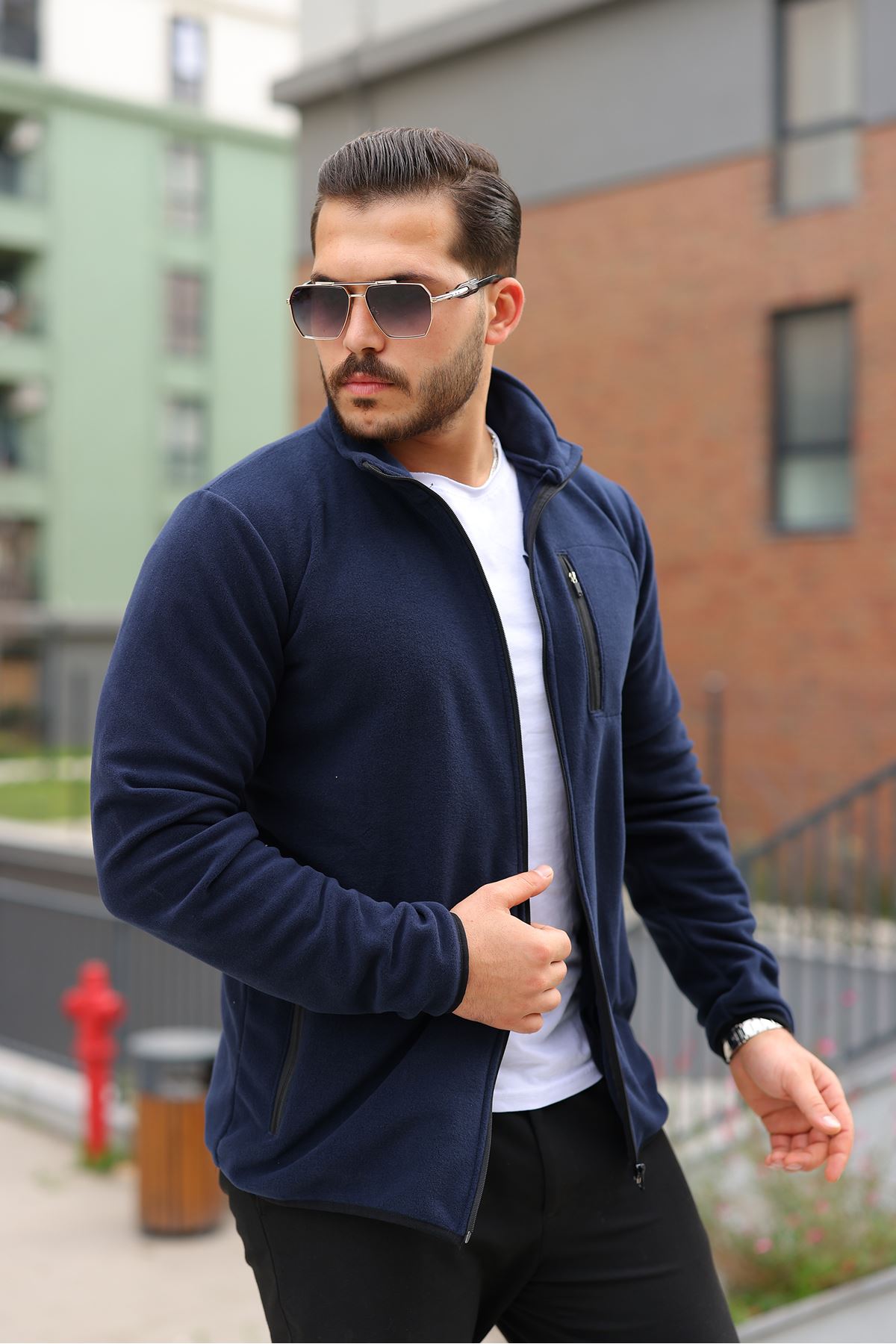 Erkek Kışlık Trend Fermuarlı Cepli Lacivert Polar Hırka