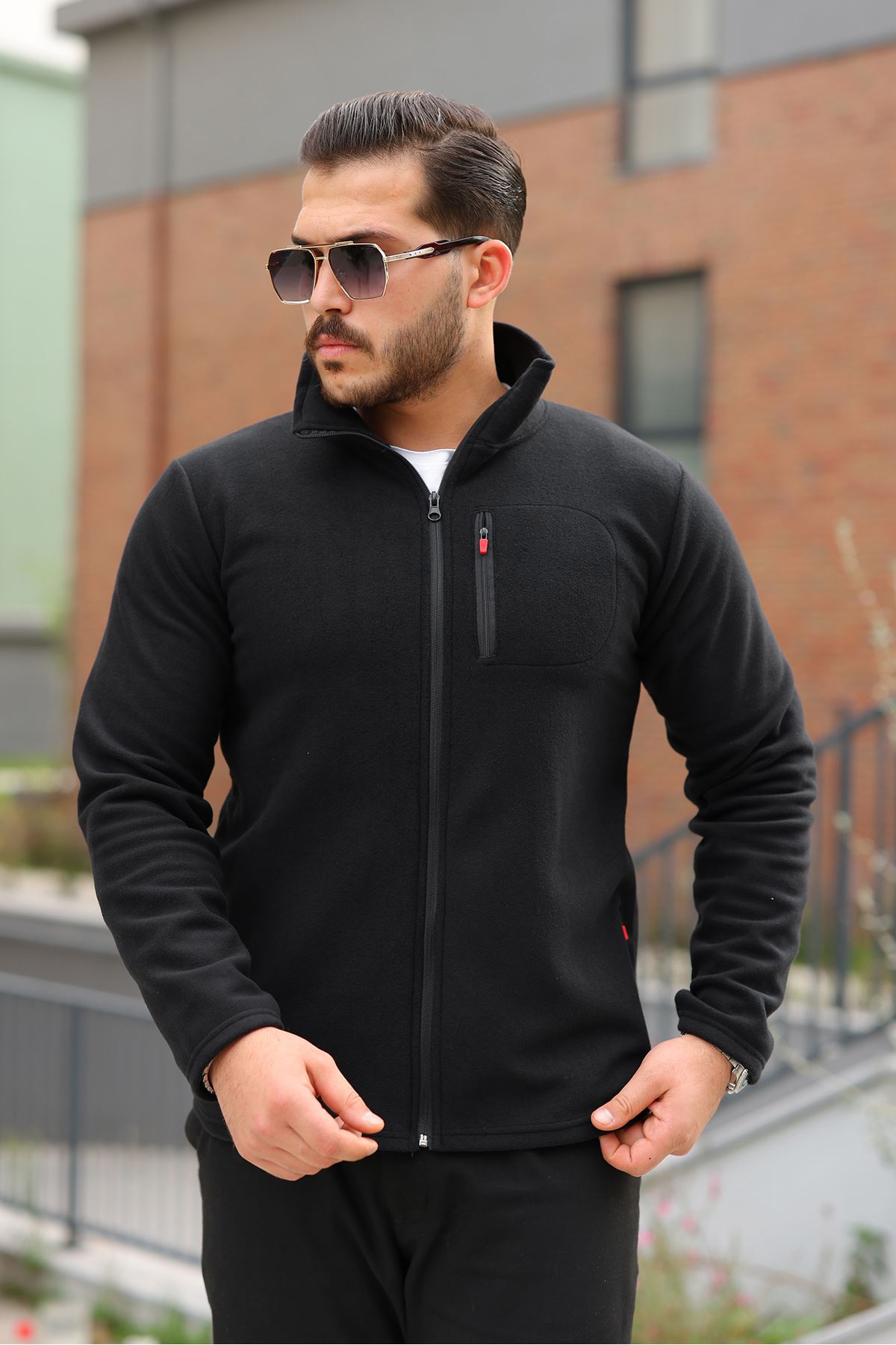 Erkek Kışlık Trend Fermuarlı Cepli Siyah Polar Hırka