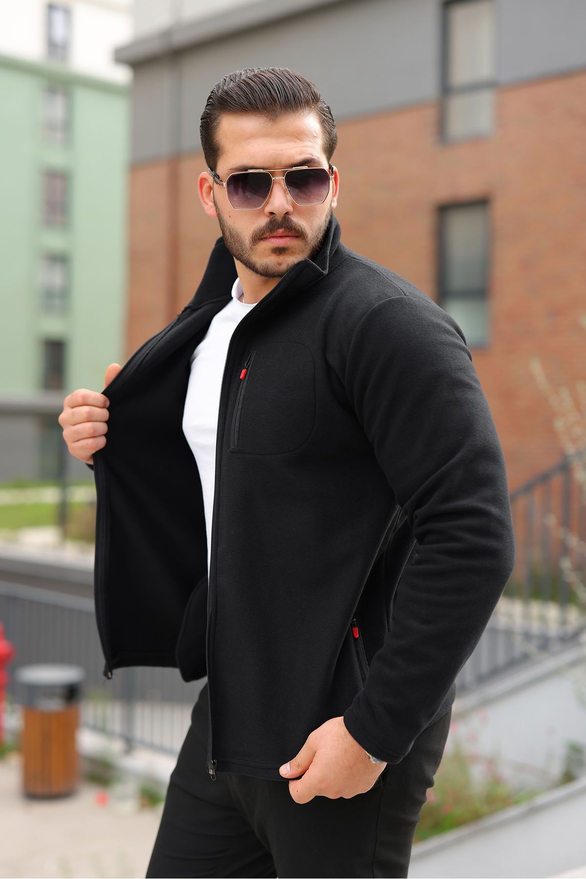 Erkek Kışlık Trend Fermuarlı Cepli Siyah Polar Hırka