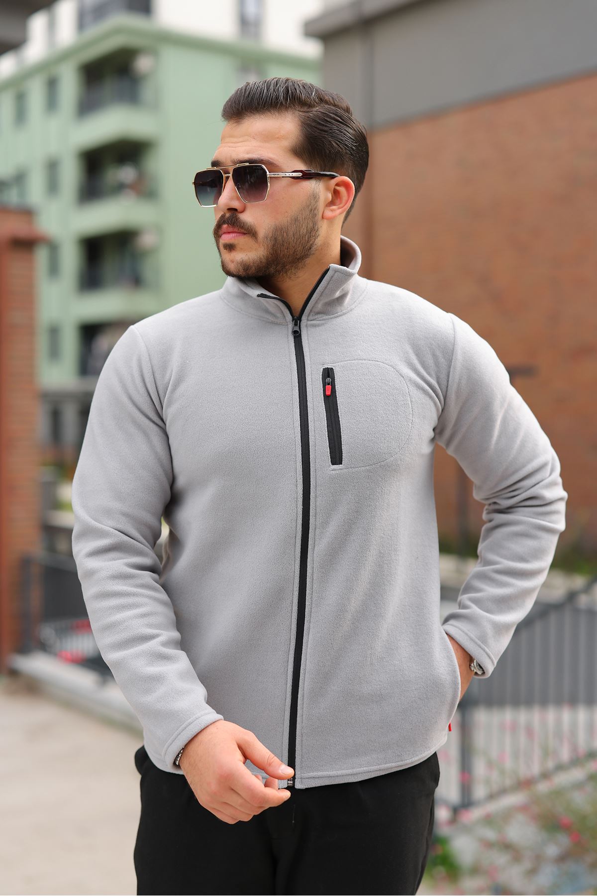 Erkek Kışlık Trend Fermuarlı Cepli Gri Polar Hırka