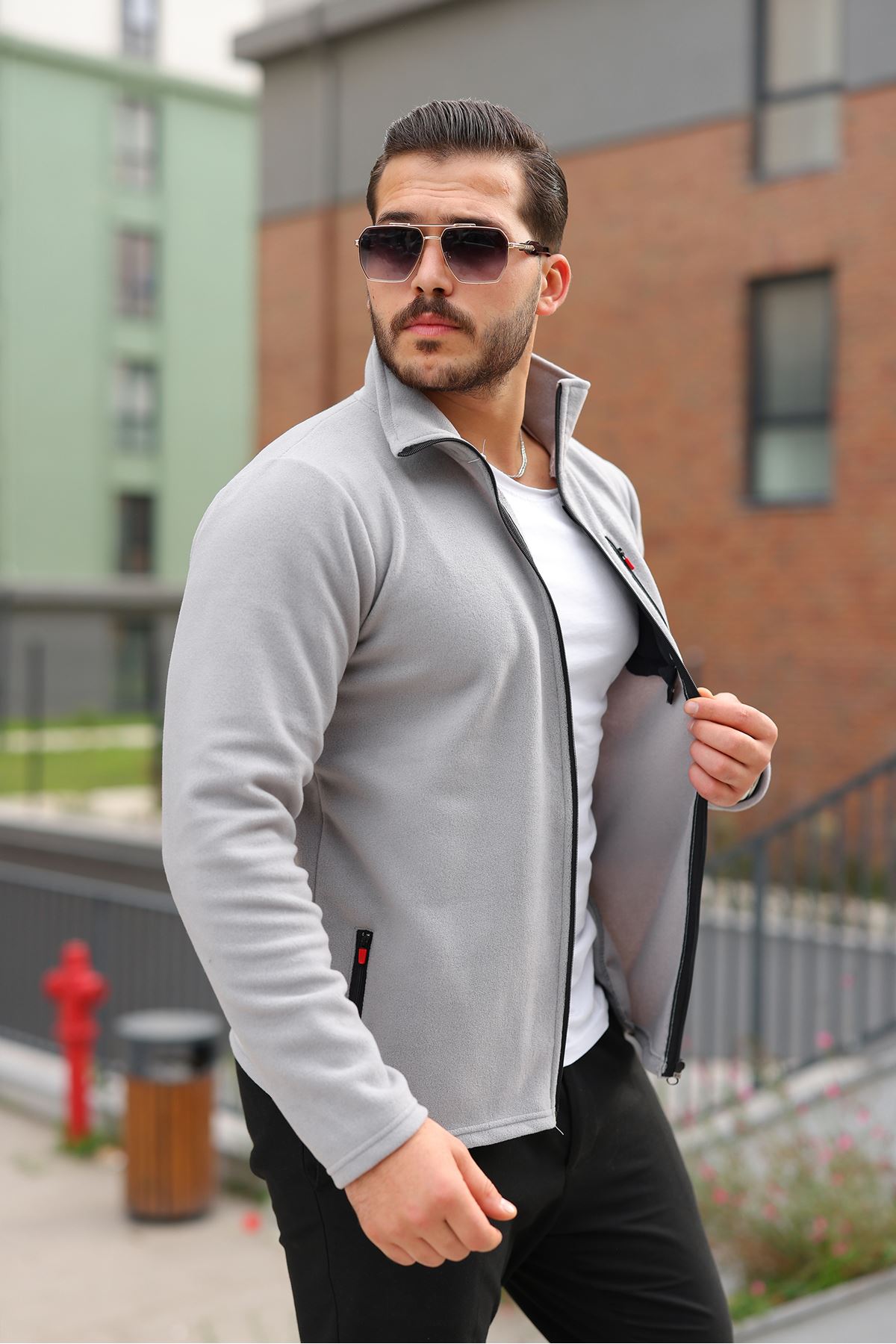 Erkek Kışlık Trend Fermuarlı Cepli Gri Polar Hırka