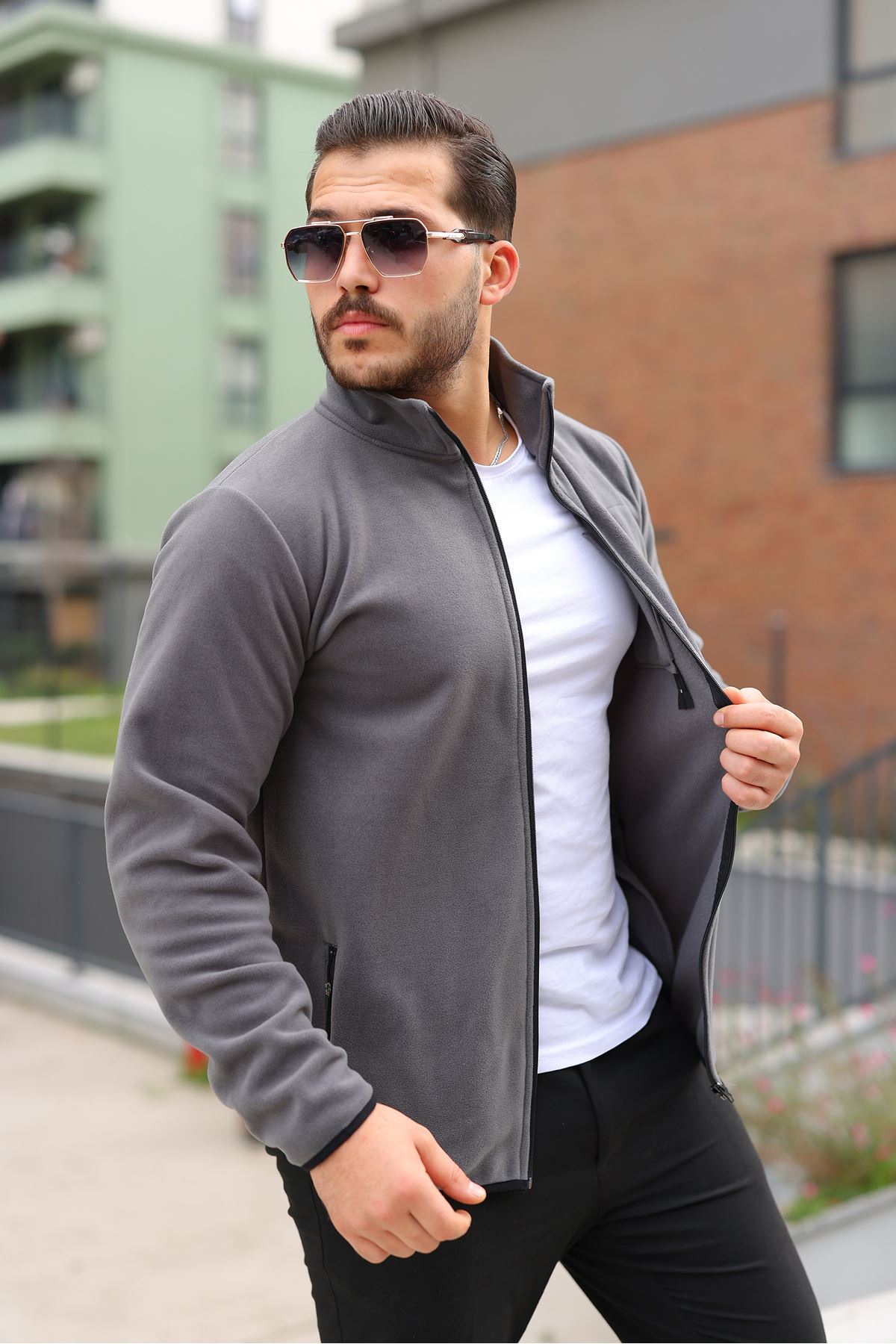 Erkek Kışlık Trend Fermuarlı Cepli Füme Polar Hırka