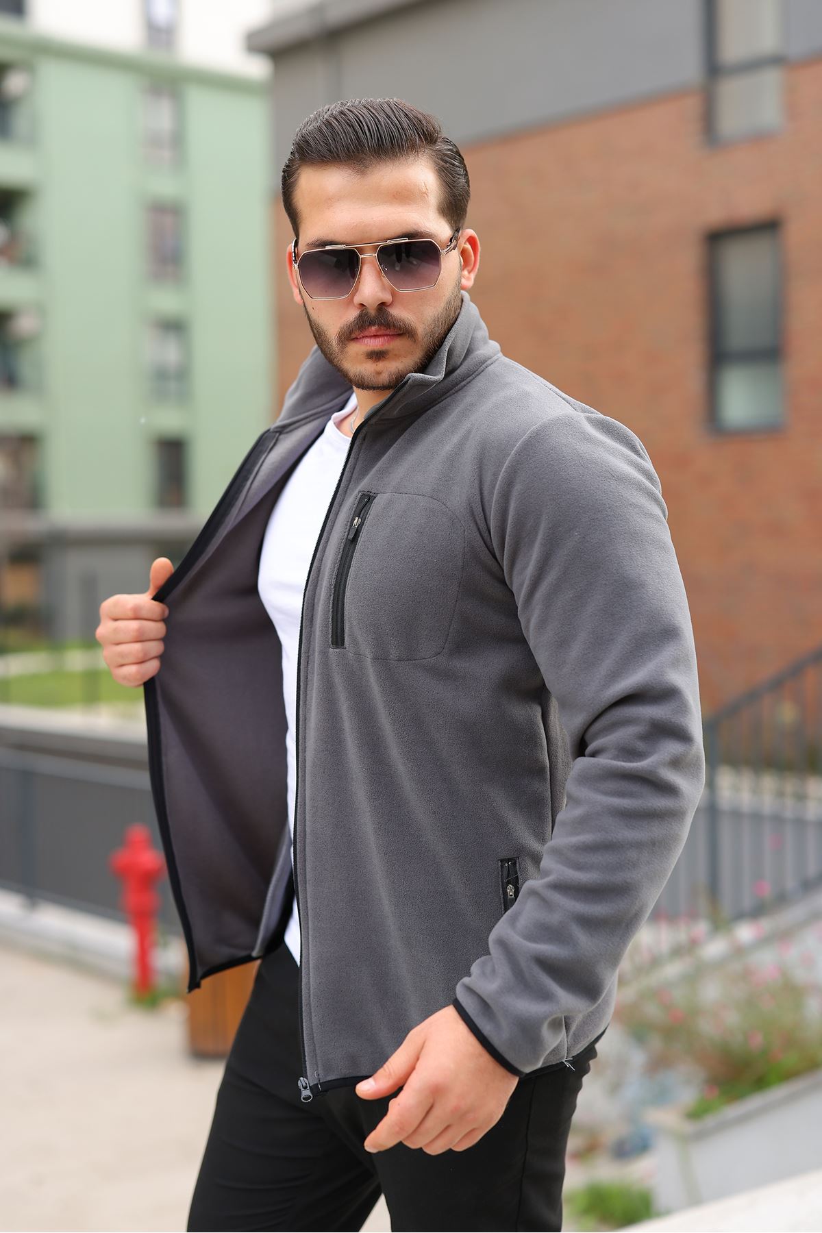 Erkek Kışlık Trend Fermuarlı Cepli Füme Polar Hırka