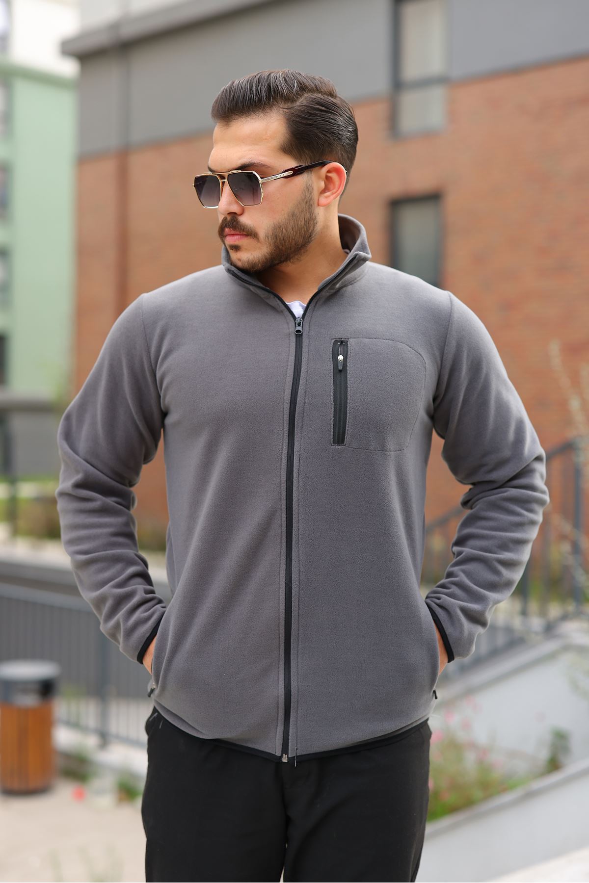 Erkek Kışlık Trend Fermuarlı Cepli Füme Polar Hırka