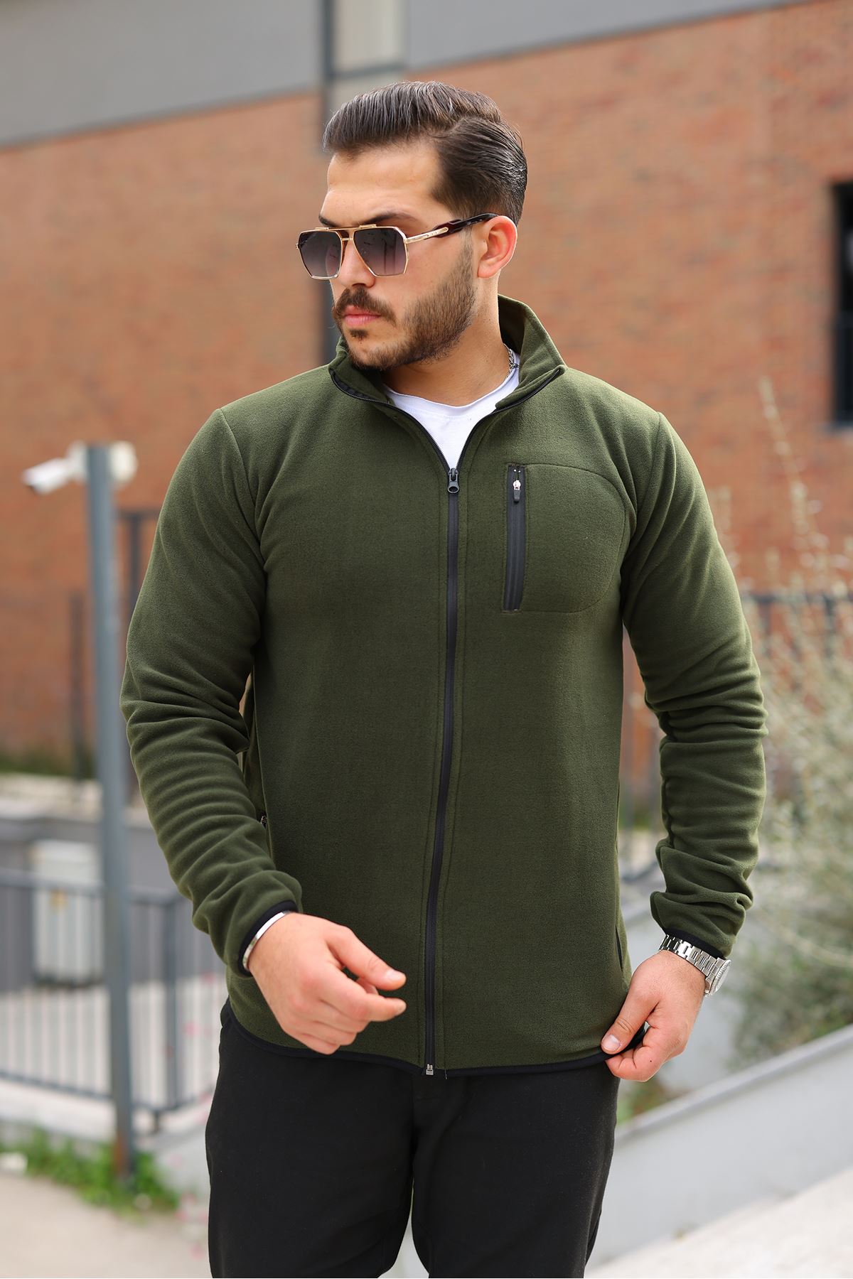 Erkek Kışlık Trend Fermuarlı Cepli Haki Polar Hırka