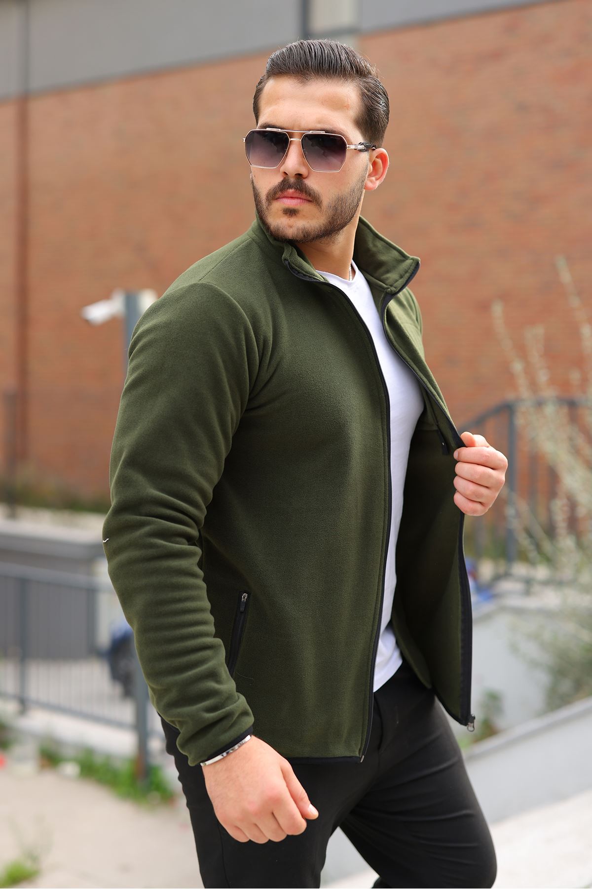 Erkek Kışlık Trend Fermuarlı Cepli Haki Polar Hırka