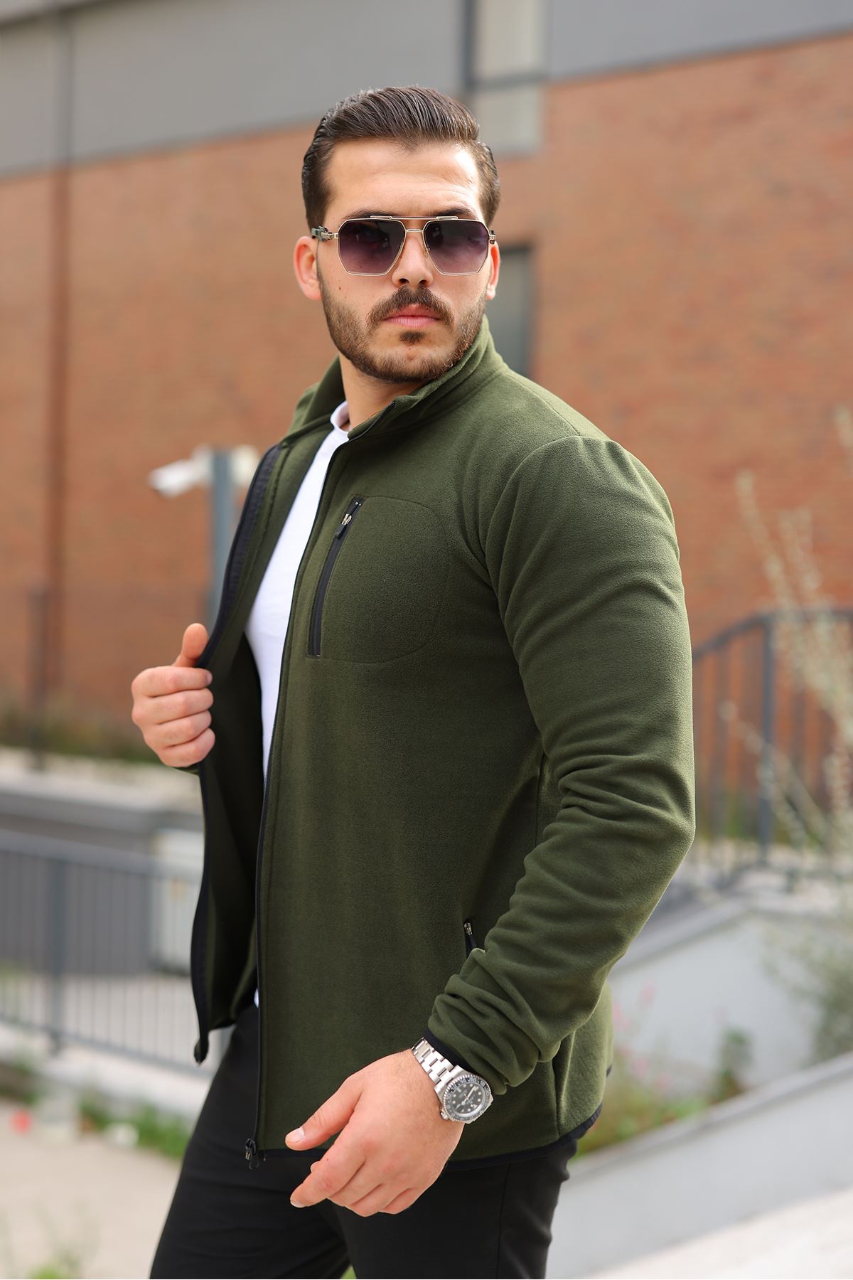 Erkek Kışlık Trend Fermuarlı Cepli Haki Polar Hırka