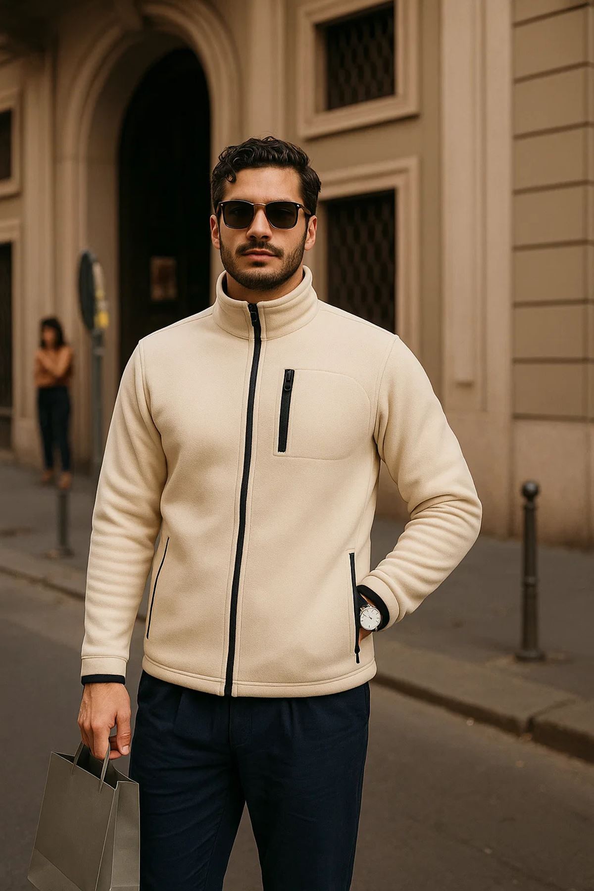 Erkek Kışlık Cepli Basic Fermuarlı Krem Polar Ceket