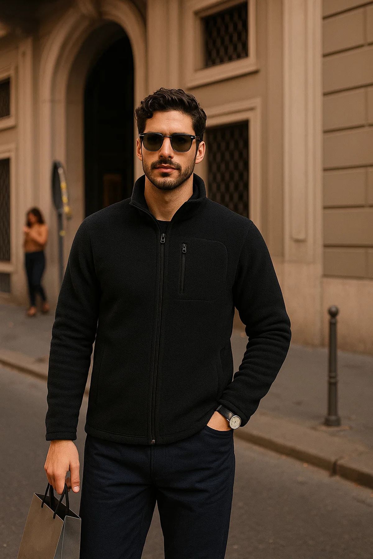 Erkek Kışlık Cepli Basic Fermuarlı Siyah Polar Ceket