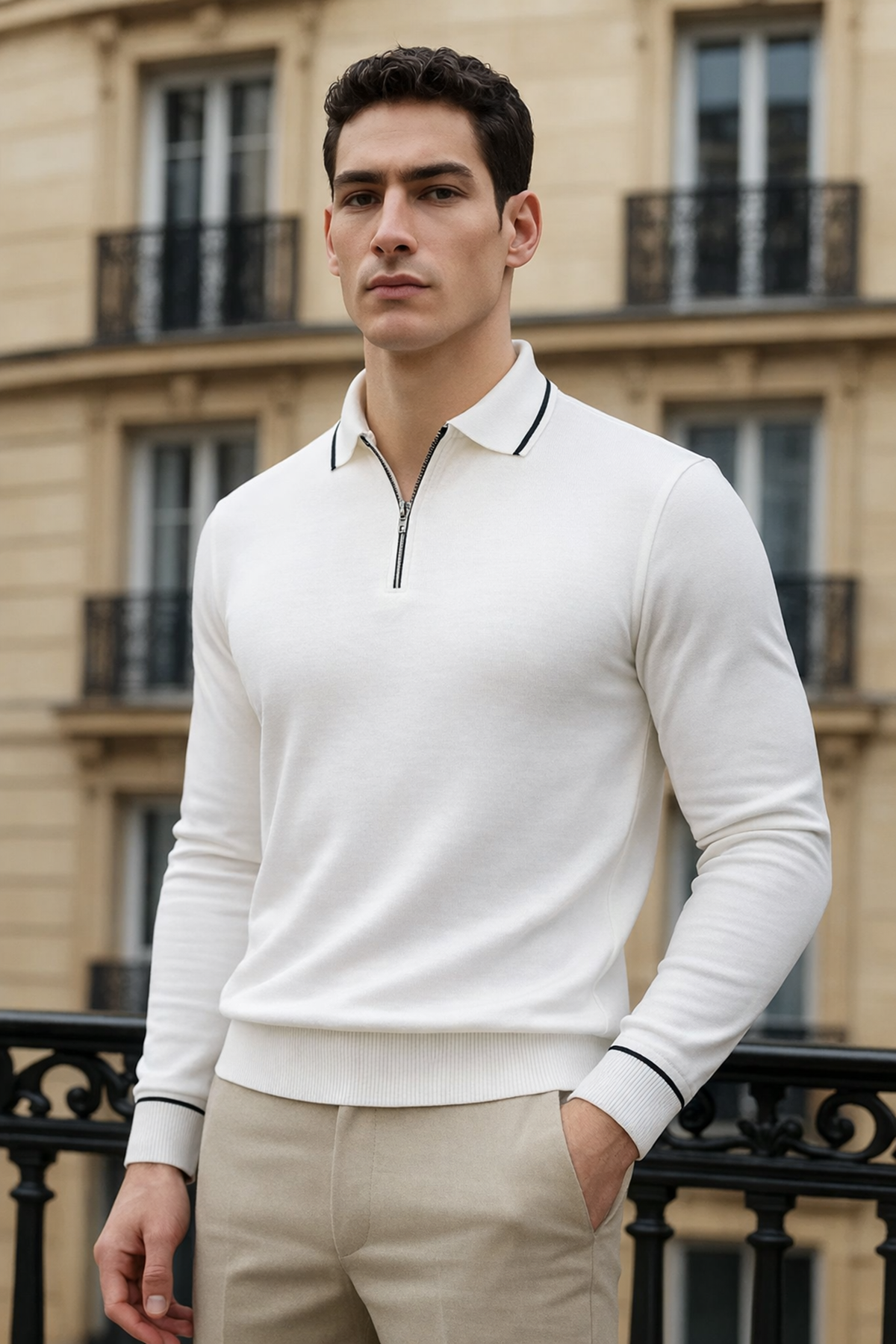 Erkek Trend Fermuarlı Beyaz Uzun Kollu Polo Yaka Tişört