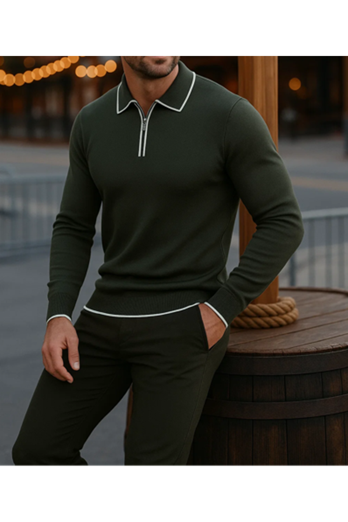 Erkek Günlük Uzun Kollu Haki Polo Yaka Kazak