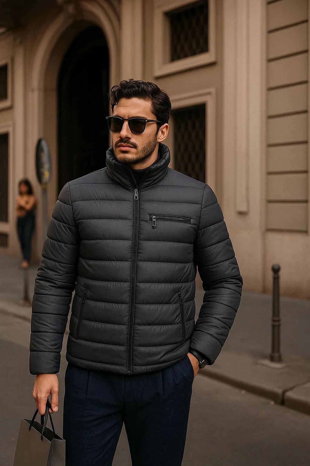 Erkek Comfort Fermuarlı Günlük Kışlık Füme Şişme Mont