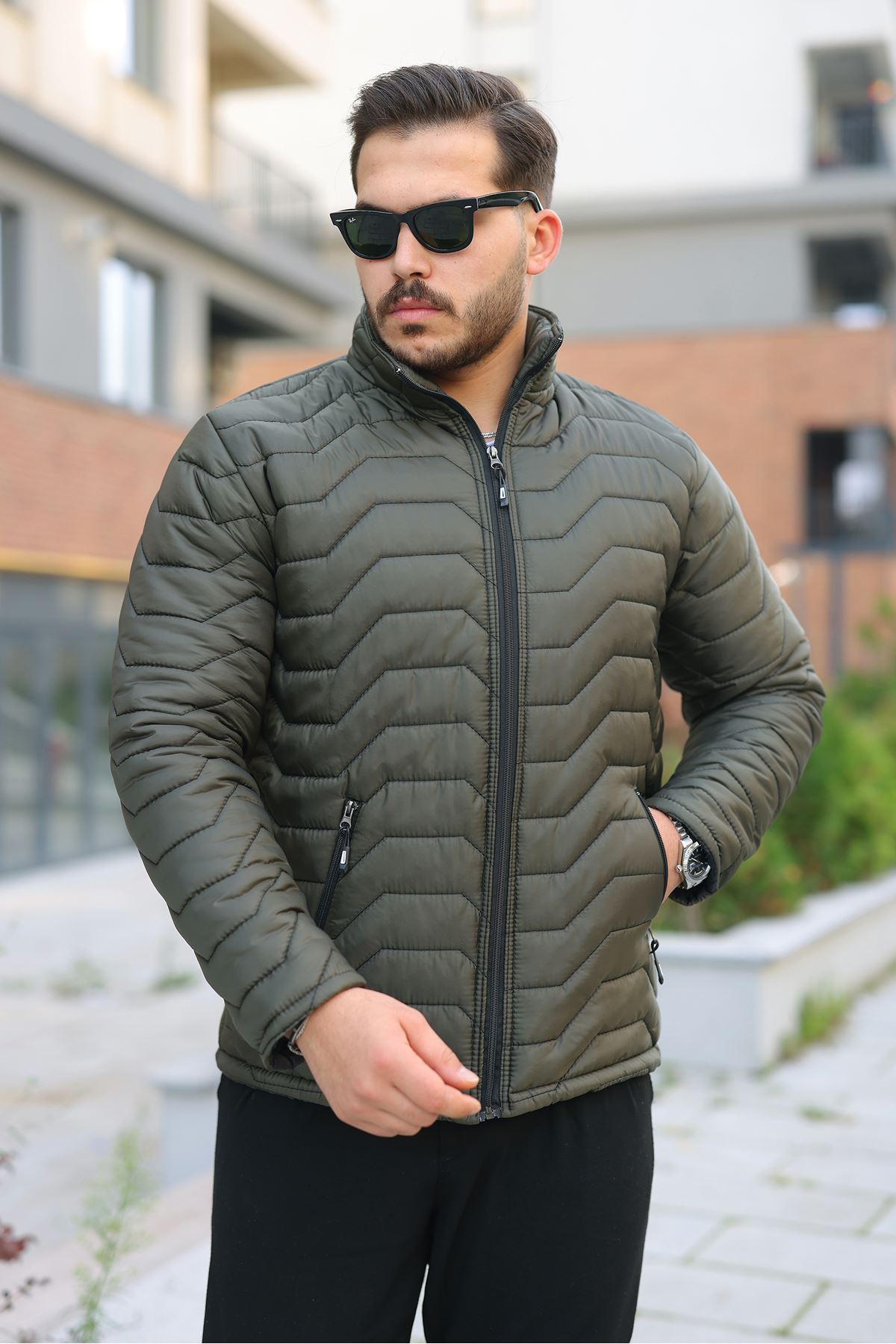 Erkek Kışlık Fermuarlı Günlük Kapitone Haki Şişme Mont