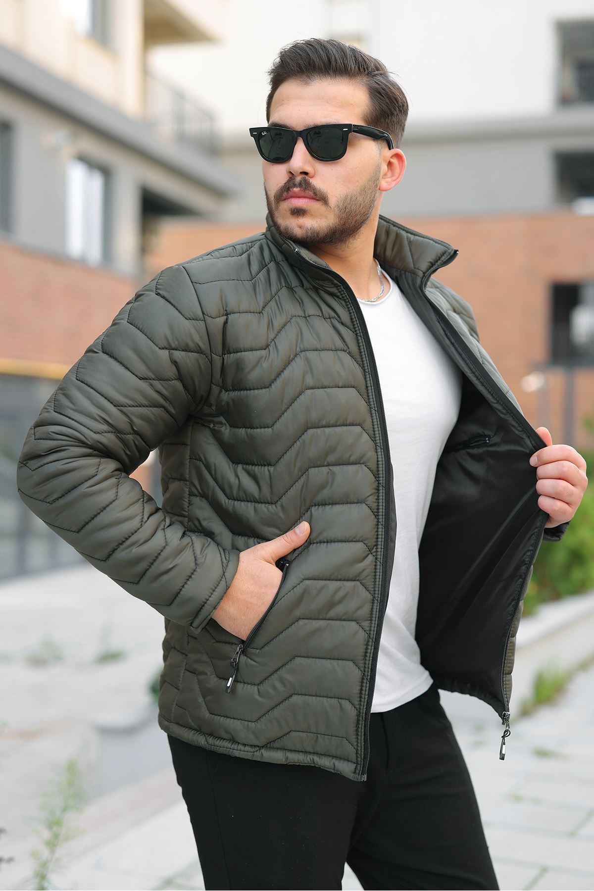 Erkek Kışlık Fermuarlı Günlük Kapitone Haki Şişme Mont