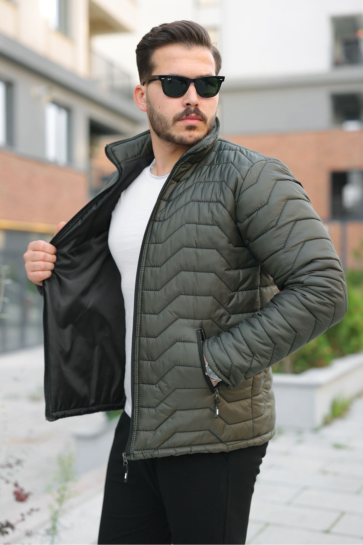 Erkek Kışlık Fermuarlı Günlük Kapitone Haki Şişme Mont