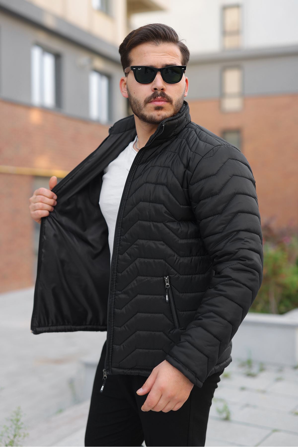 Erkek Kışlık Fermuarlı Günlük Kapitone Siyah Şişme Mont