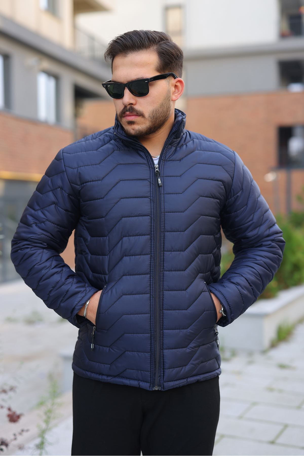 Erkek Kışlık Fermuarlı Günlük Kapitone Lacivert Şişme Mont