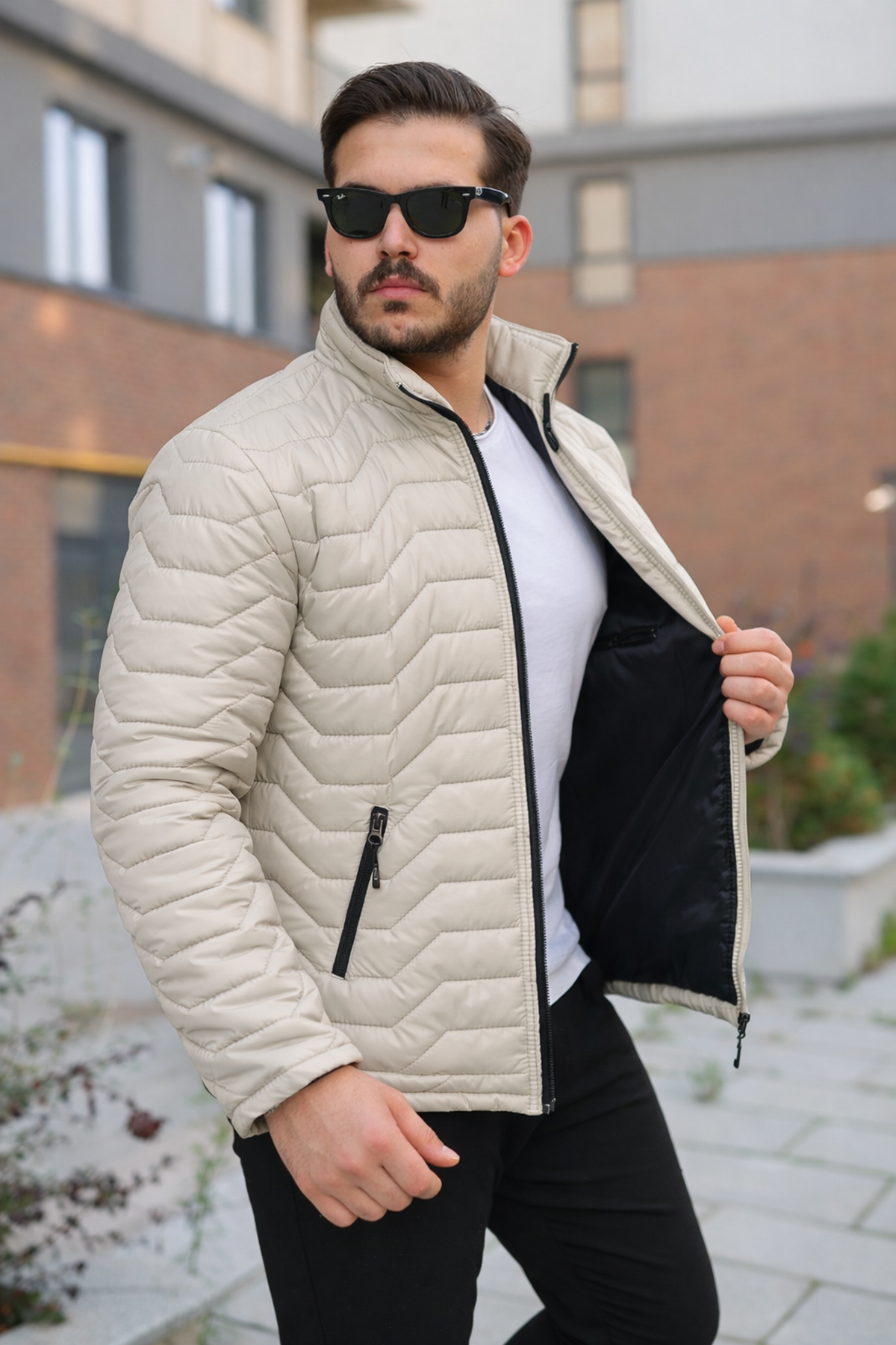 Erkek Kışlık Fermuarlı Günlük Kapitone Krem Şişme Mont