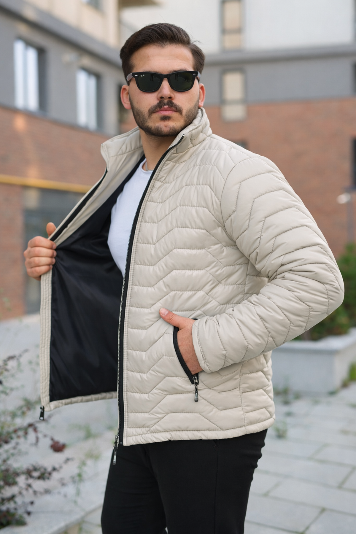 Erkek Kışlık Fermuarlı Günlük Kapitone Krem Şişme Mont