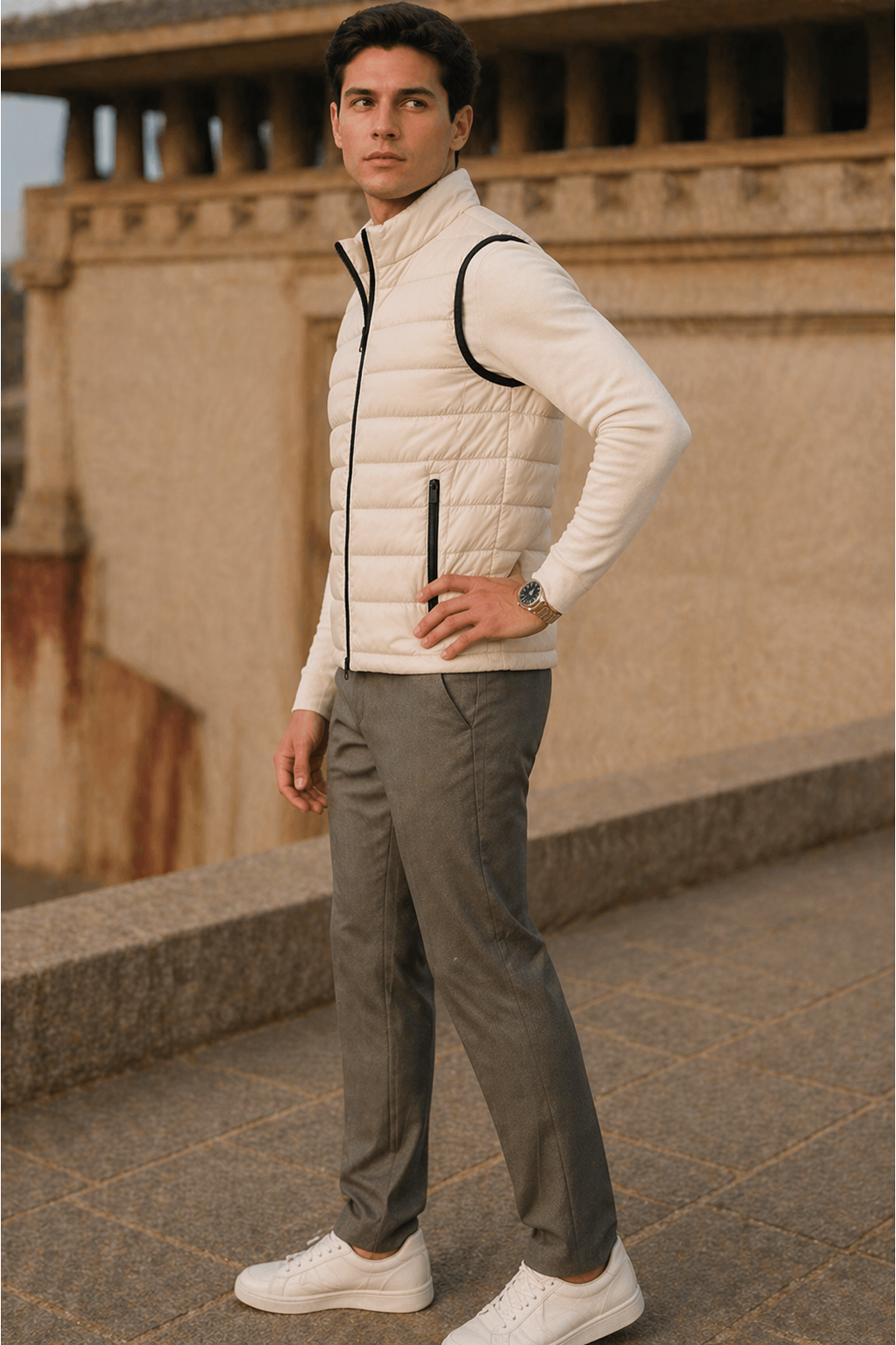 Erkek Kışlık Comfort Kolsuz Astarlı Krem Şişme Yelek