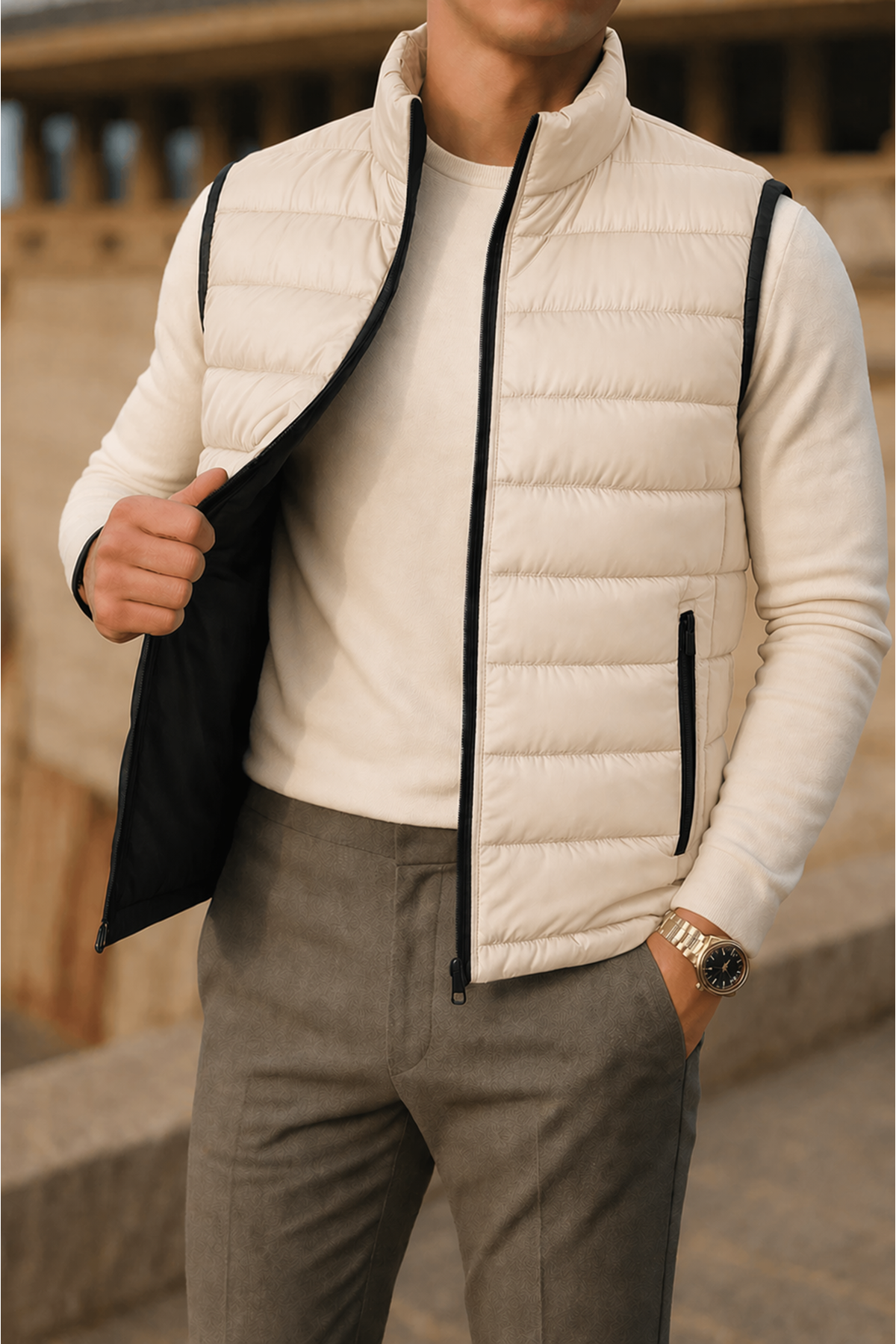 Erkek Kışlık Comfort Kolsuz Astarlı Krem Şişme Yelek