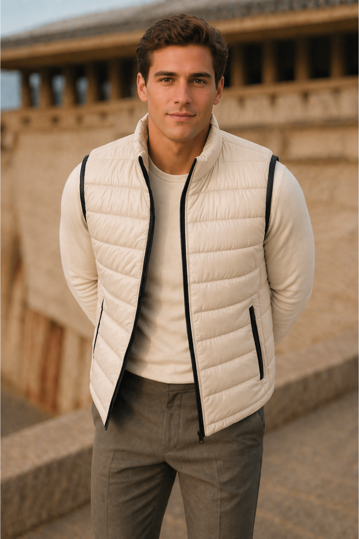 Erkek Kışlık Comfort Kolsuz Astarlı Krem Şişme Yelek
