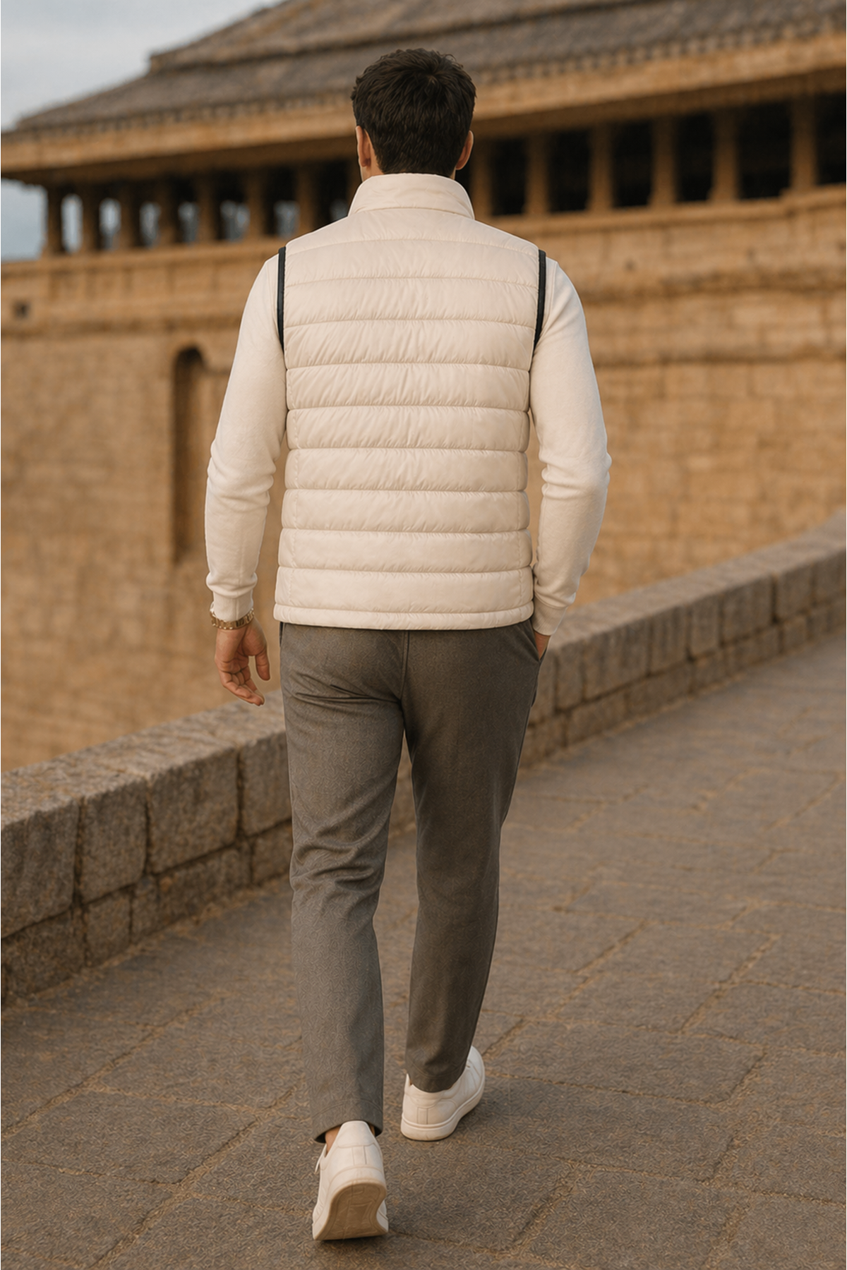 Erkek Kışlık Comfort Kolsuz Astarlı Krem Şişme Yelek