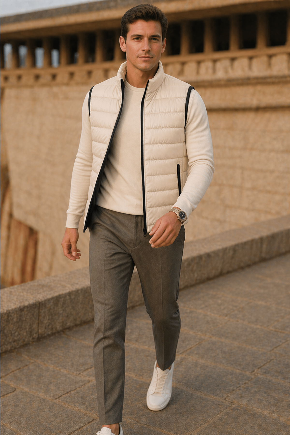 Erkek Kışlık Comfort Kolsuz Astarlı Krem Şişme Yelek