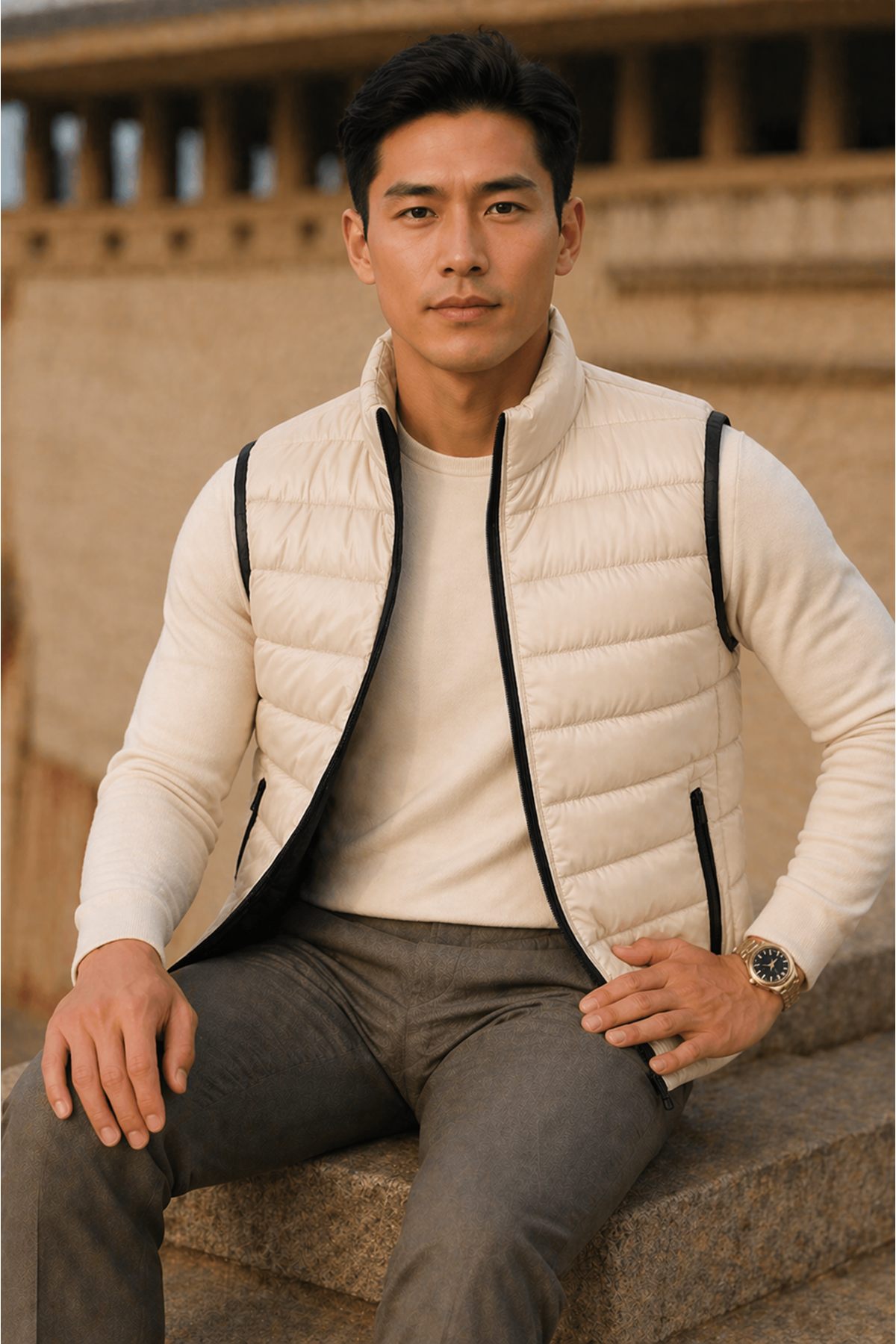 Erkek Kışlık Comfort Kolsuz Astarlı Krem Şişme Yelek