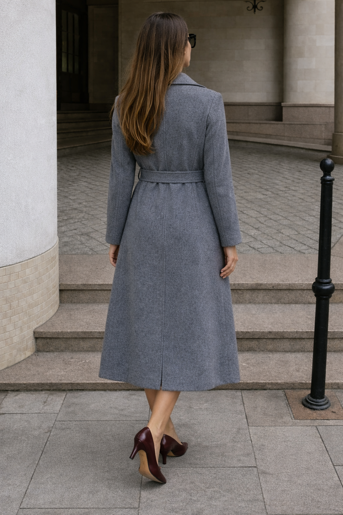 Kadın Kışlık Kuşaklı Uzun Kruvaze Füme Kaşe Kaban