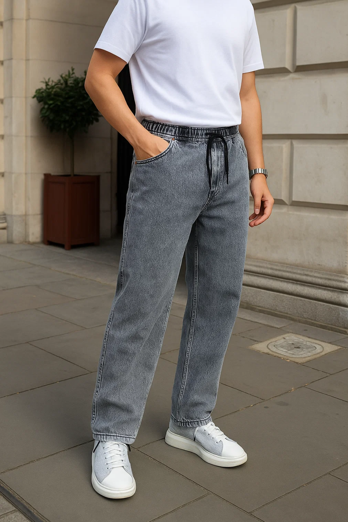 Erkek Günlük Basic Gri Baggy Kot Pantolon