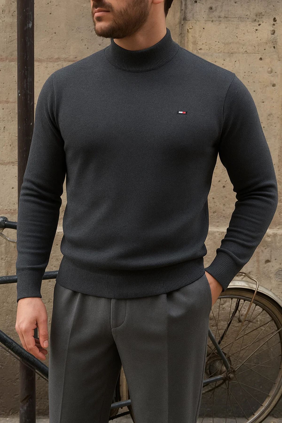 Erkek Kışlık Yarım Boğazlı Dar Basic Füme Kazak