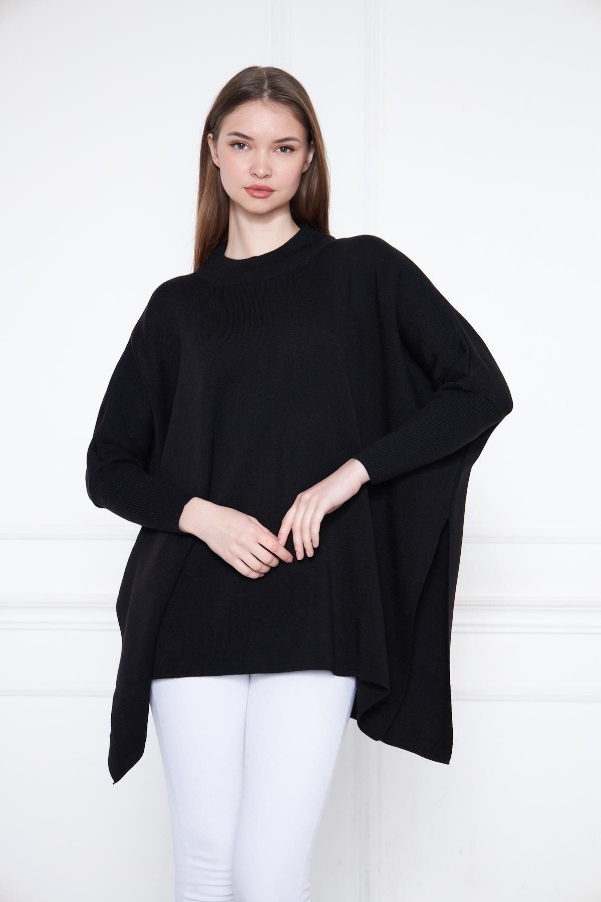 Kadın Yandan Yırtmaçlı Oversize Panço Kazak