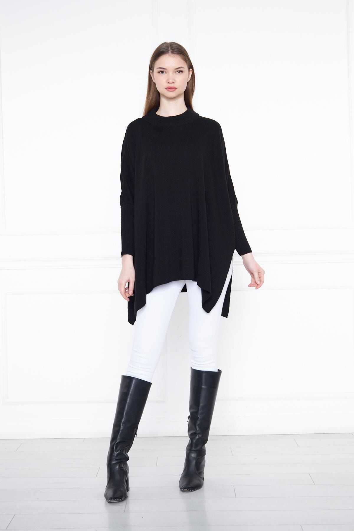 Kadın Yandan Yırtmaçlı Oversize Panço Kazak