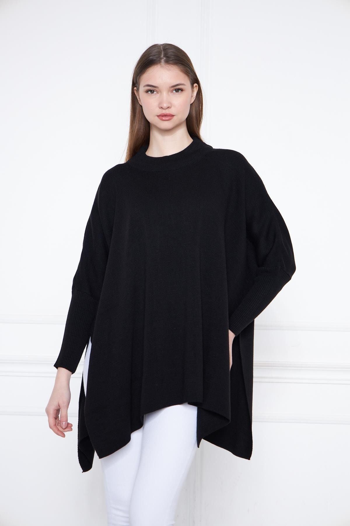 Kadın Yandan Yırtmaçlı Oversize Panço Kazak