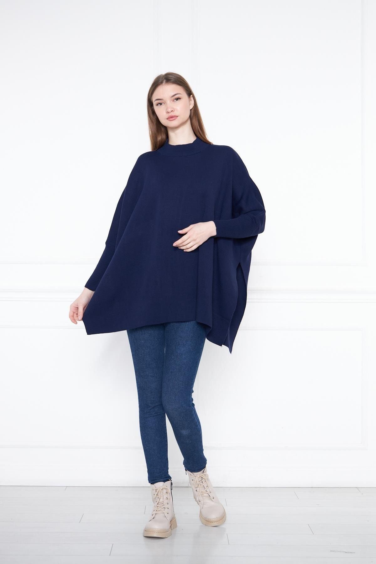 Kadın Yandan Yırtmaçlı Oversize Panço Kazak