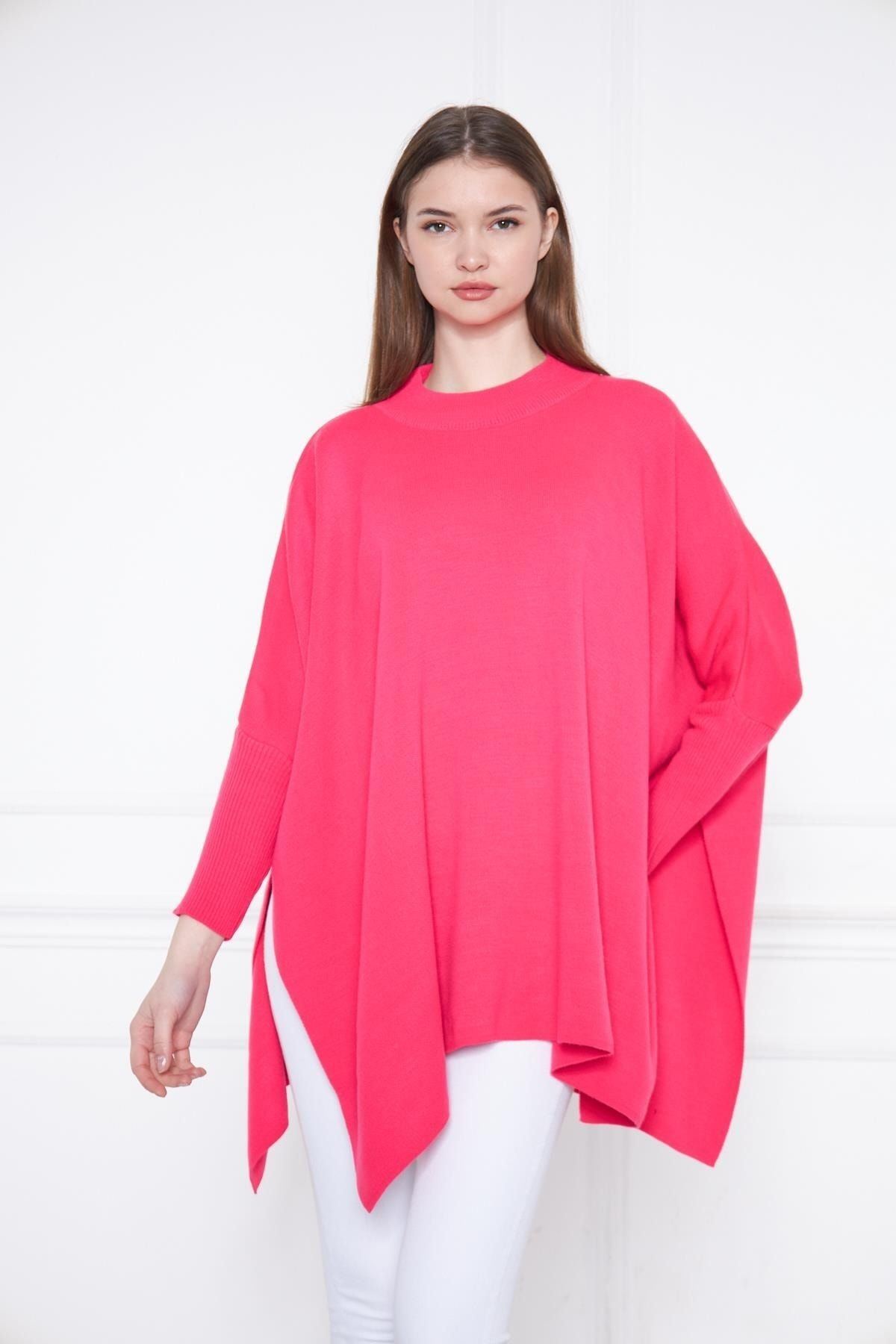 Kadın Yandan Yırtmaçlı Oversize Panço Kazak