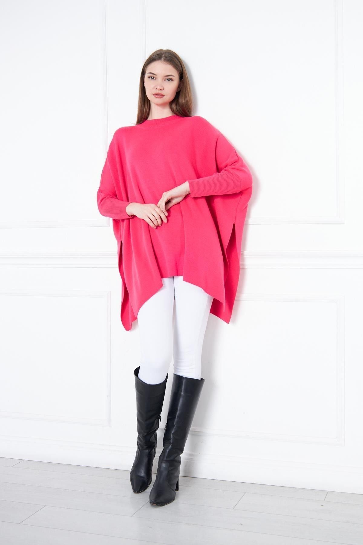 Kadın Yandan Yırtmaçlı Oversize Panço Kazak