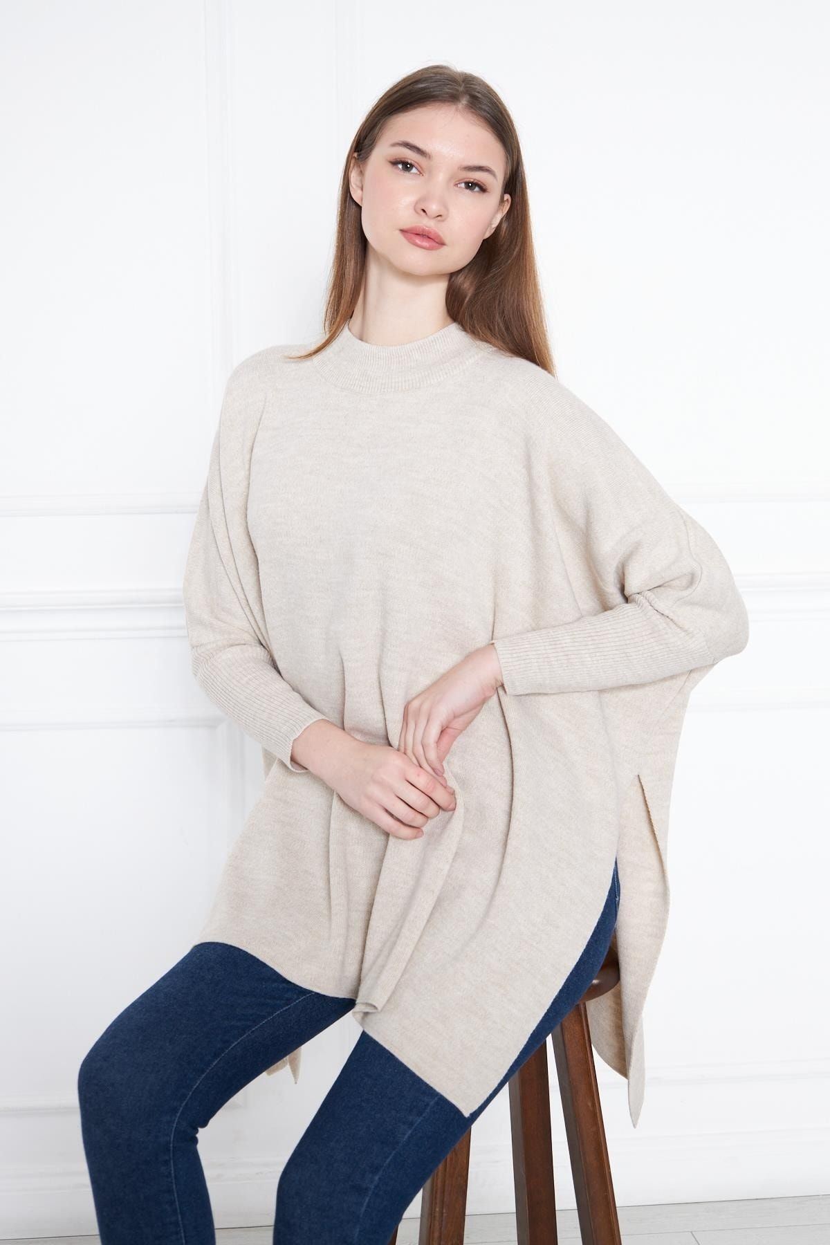 Kadın Yandan Yırtmaçlı Oversize Panço Kazak