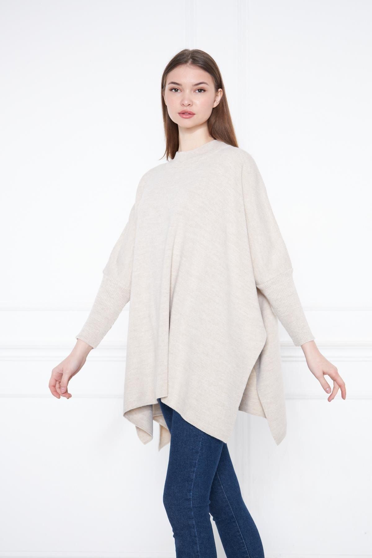 Kadın Yandan Yırtmaçlı Oversize Panço Kazak