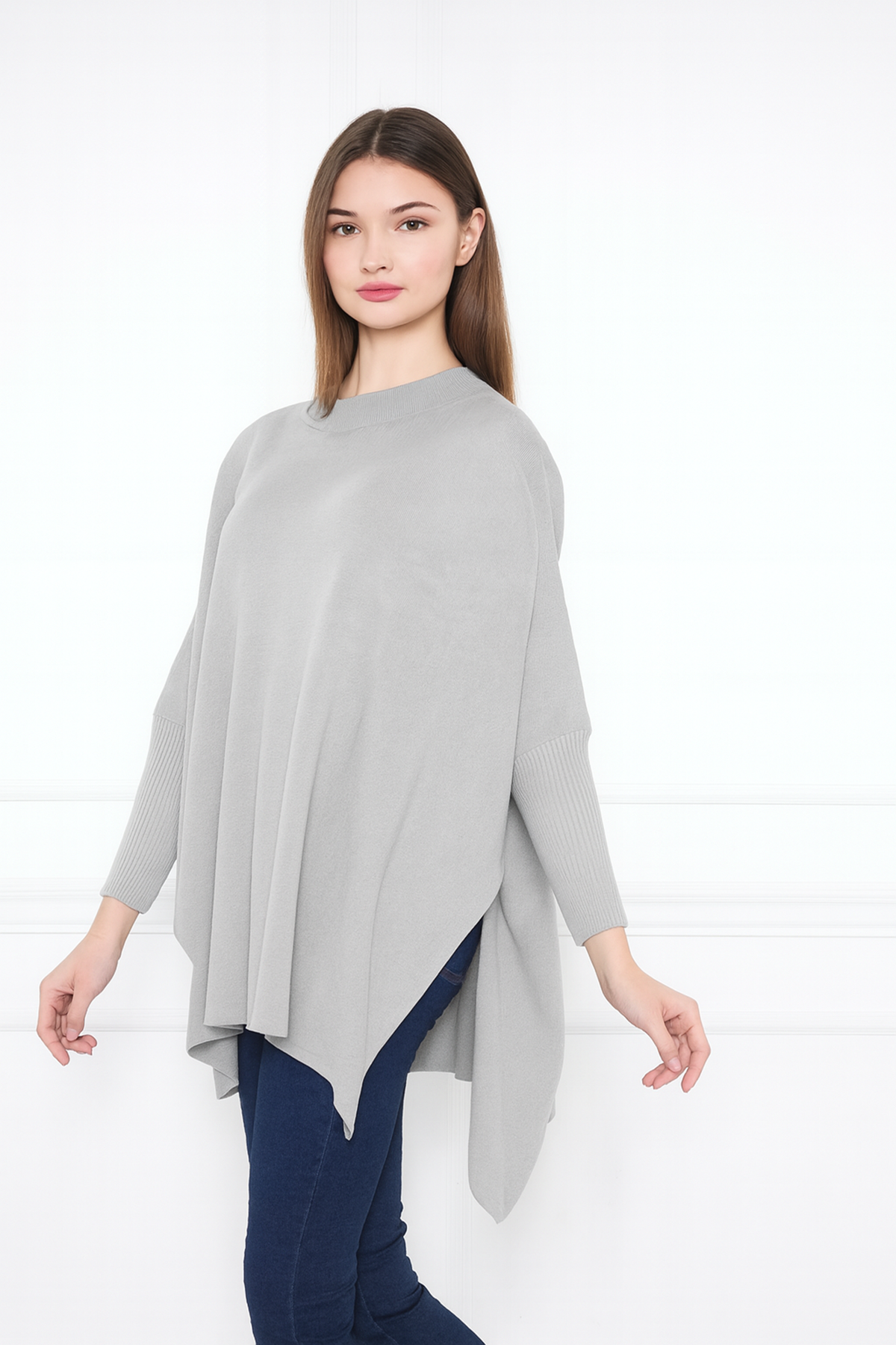 Kadın Yandan Yırtmaçlı Oversize Panço Kazak