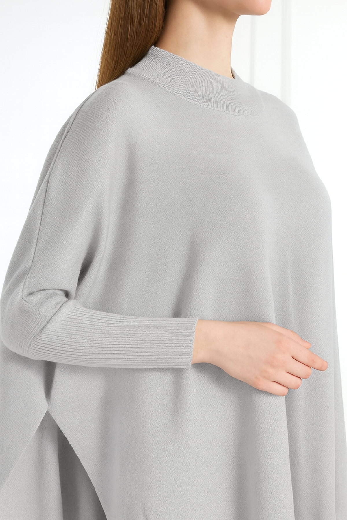 Kadın Yandan Yırtmaçlı Oversize Panço Kazak