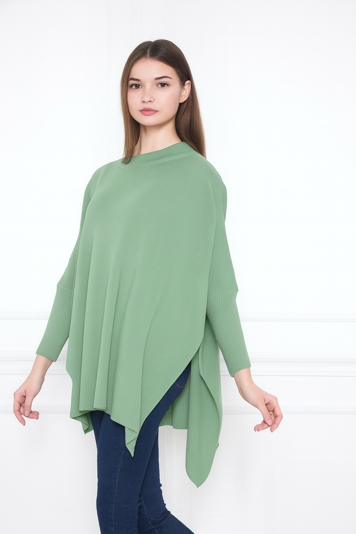 Kadın Yandan Yırtmaçlı Oversize Panço Kazak