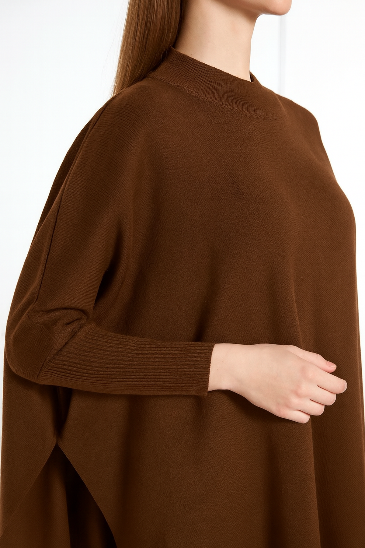 Kadın Yandan Yırtmaçlı Oversize Panço Kazak