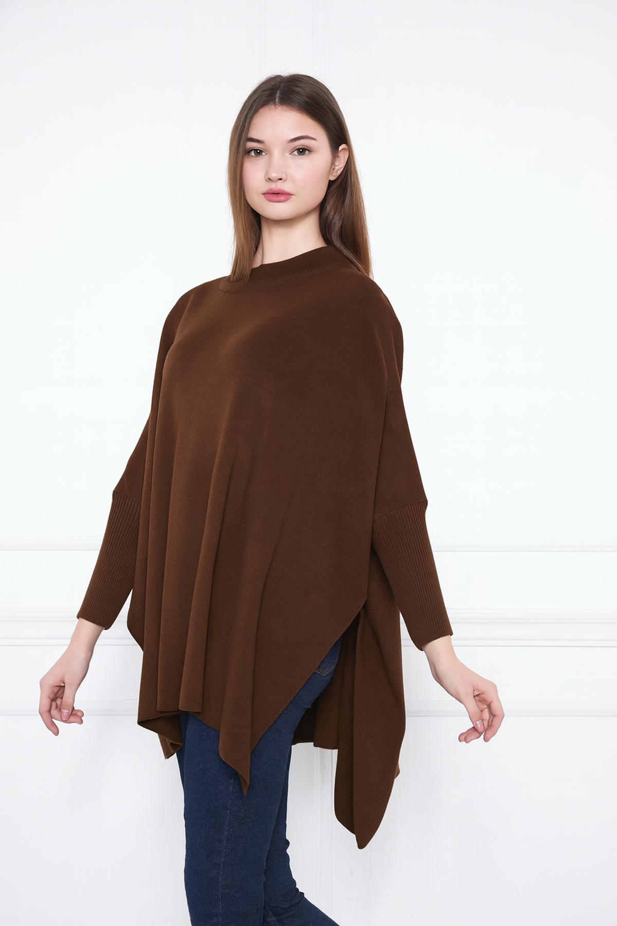 Kadın Yandan Yırtmaçlı Oversize Panço Kazak