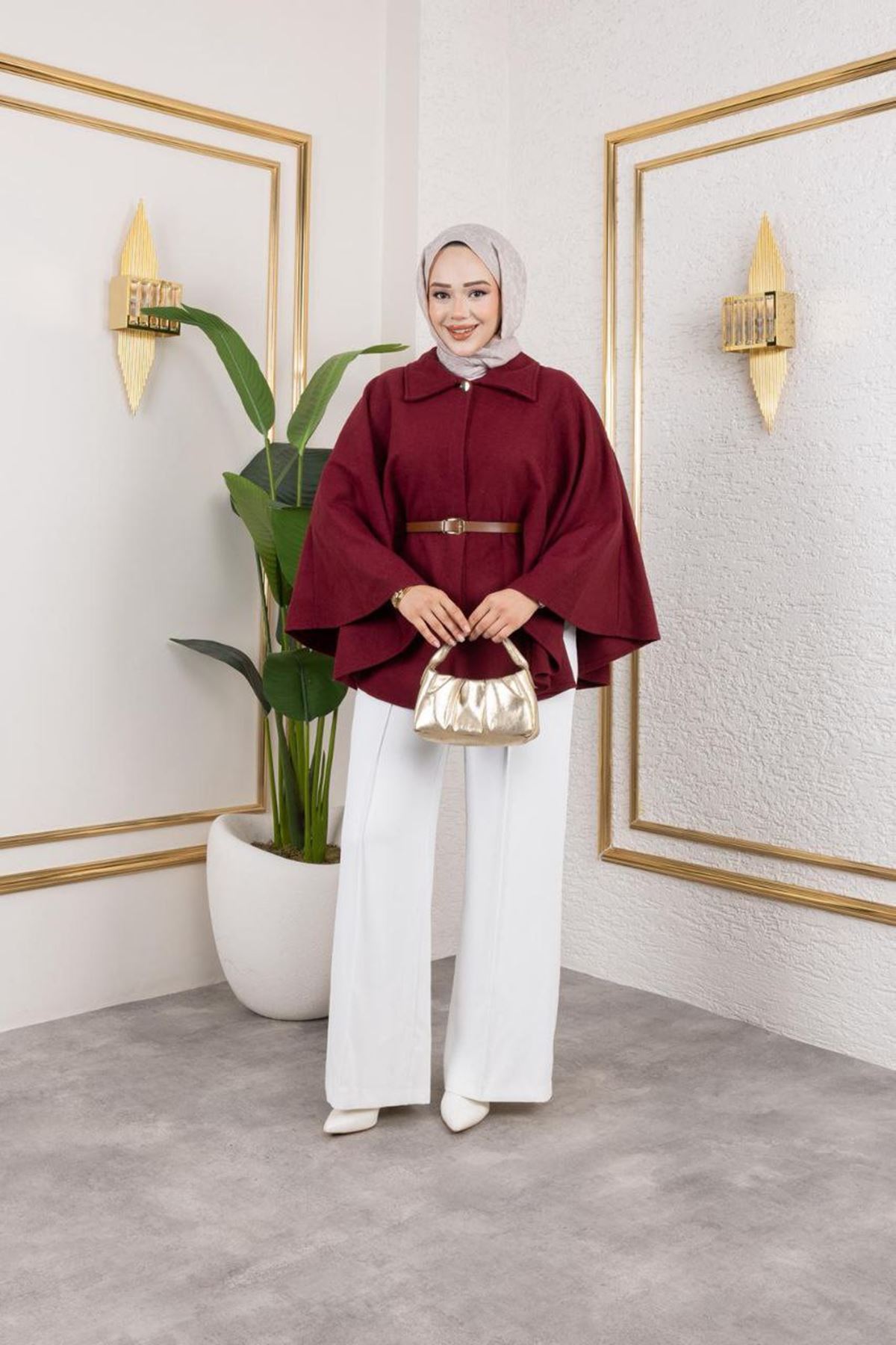 Kadın Kışlık Trend Kemerli Bordo Kaşe Kısa Kaban