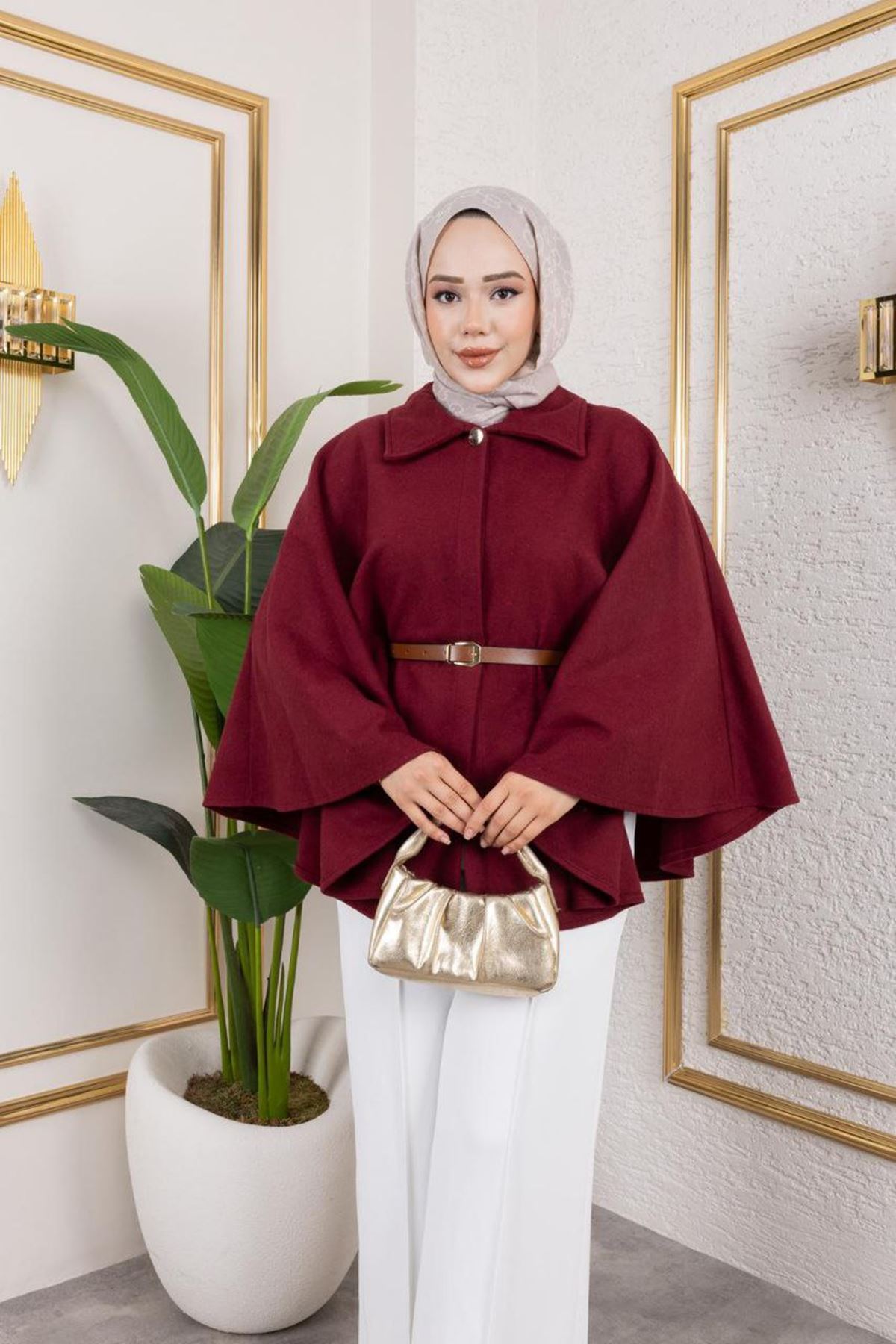 Kadın Kışlık Trend Kemerli Bordo Kaşe Kısa Kaban