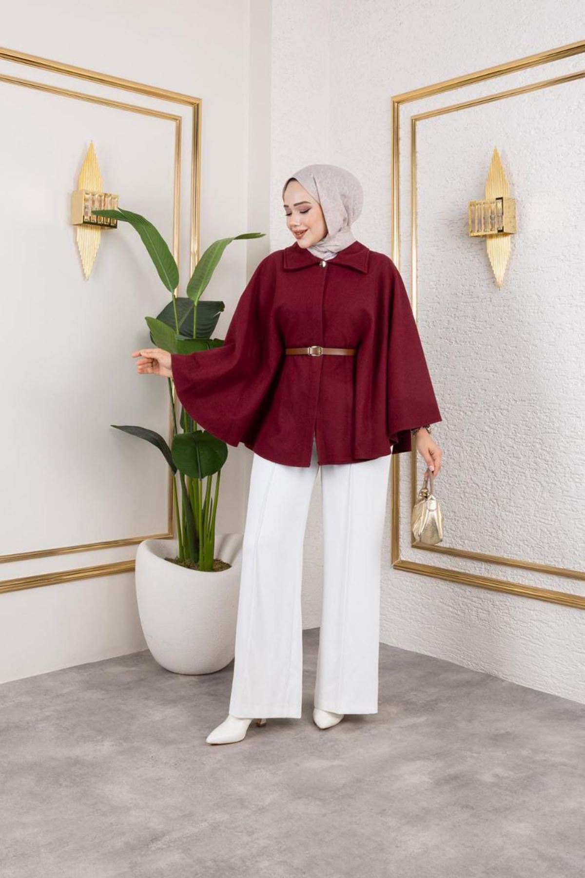 Kadın Kışlık Trend Kemerli Bordo Kaşe Kısa Kaban