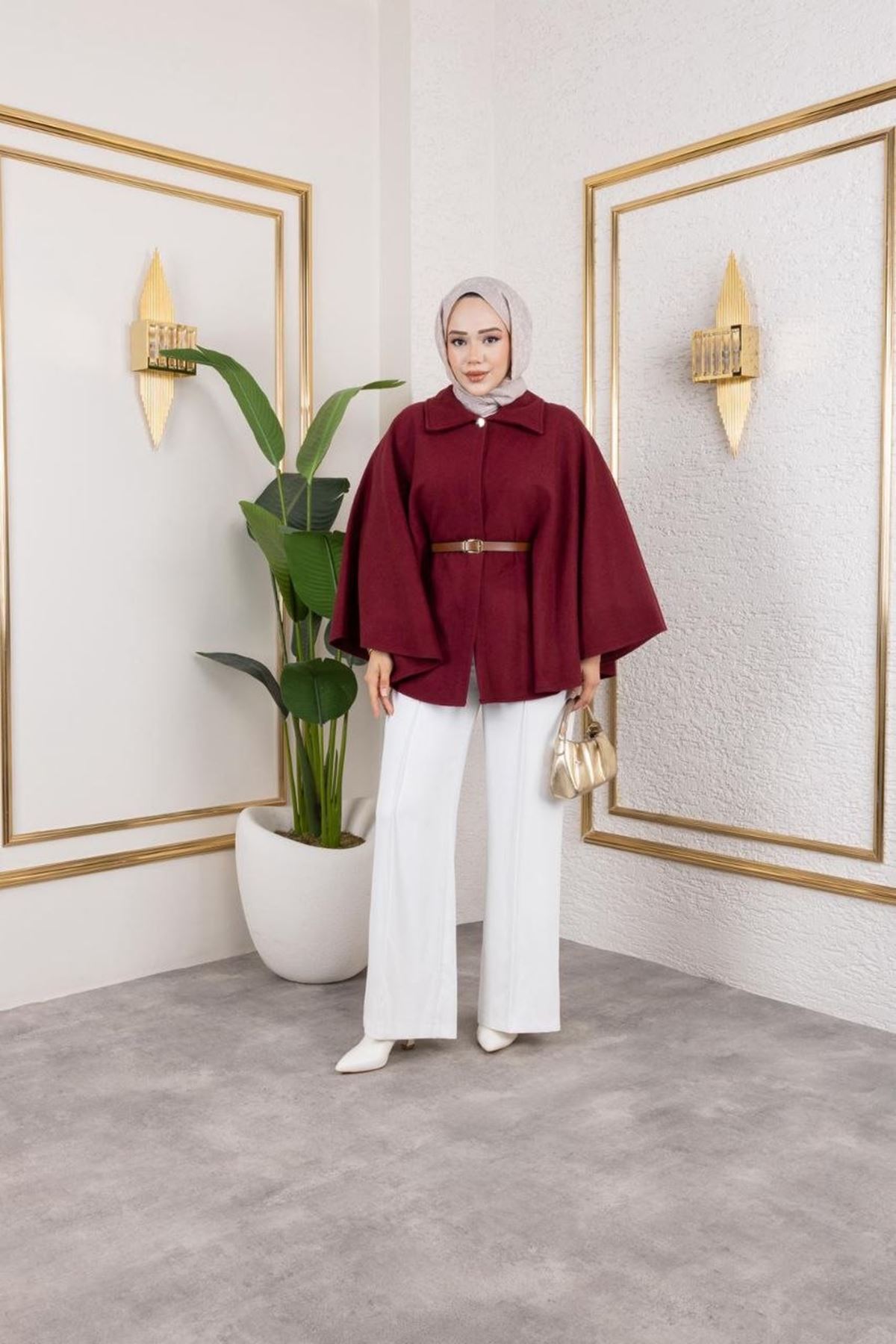 Kadın Kışlık Trend Kemerli Bordo Kaşe Kısa Kaban